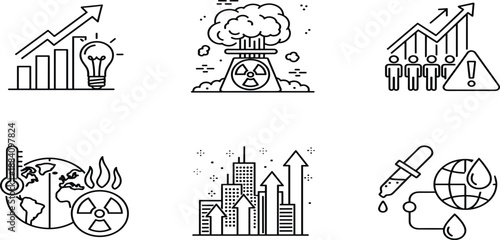 Industrial pollution and environmental risk icons set including nuclear energy, global warming, factory emissions, rising temperature, financial growth, and contamination.