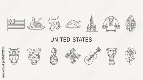 Collection of United States cultural symbols and landmarks in outline style