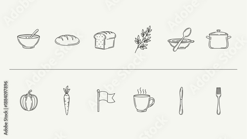 Collection of simple line art icons representing food and kitchen items