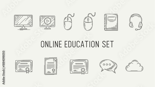 Online education icons set with computer, book, headphones, and certificates