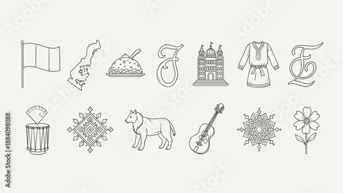 Collection of diverse line art icons representing culture, nature, and symbols