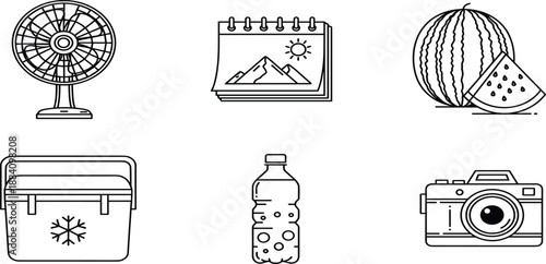Summer vacation and seasonal holiday line icons set including electric fan, beach calendar, watermelon, cooler box, water bottle, and camera.