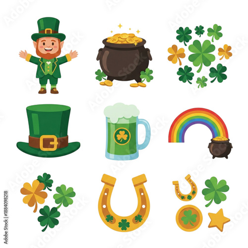Flat vector illustration, various St. Patrick's day icons set, element collection, colourful symbol, cute cartoon - Irish holiday celebration, luck, good fortune, wealth, treasure symbol, decoration