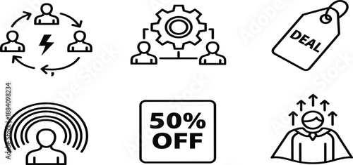 Business team collaboration and marketing promotion line icons set including gear work, deal tag, fifty percent off, and professional leadership.