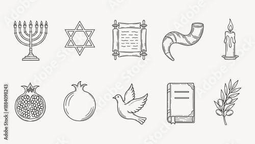 Collection of Jewish religious and cultural symbols in a clean line art style