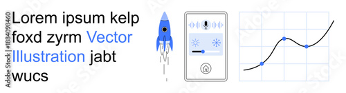 Technology, data analysis, innovation, audio recording, space exploration, graphic design. A rocket, audio interface graph chart and placeholder text. Technology and data analysis concept