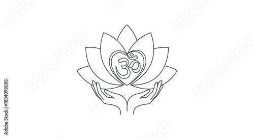 Continuous line drawing of hands holding a lotus flower with Om symbol, representing peace and spirituality.
