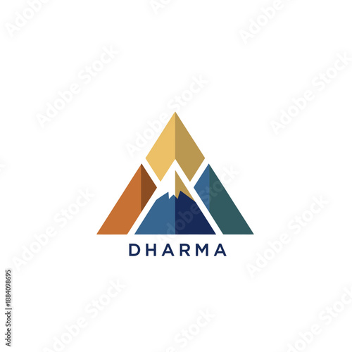 Dharma Mountain Peak Logo Design with Abstract Geometric Shapes and Earth Tones.