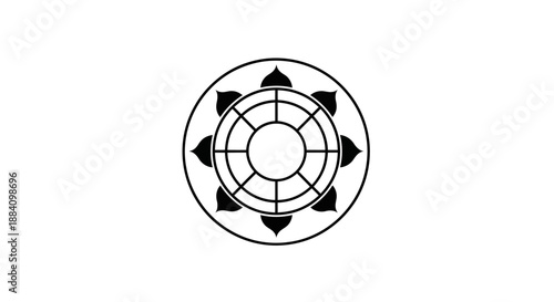 Dharma Wheel Buddhist Symbol Black and White Minimalist Design.