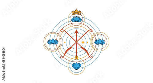 Intricate Hindu Symbolism with Bows, Arrows, Lotuses, and Crown.