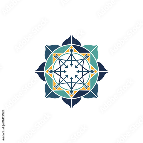 Intricate Mandala Design with Geometric Patterns and Arrows.