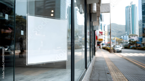 Glass shop window with blank white vinyl decal on city street with urban background and sidewalk