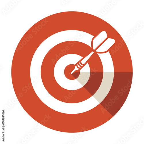 Dart hitting the bullseye of a target with shadow on white background icon