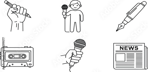 Set of journalism and broadcasting line icons featuring hand with pen, news reporter, fountain pen, cassette tape, microphone, and newspaper.