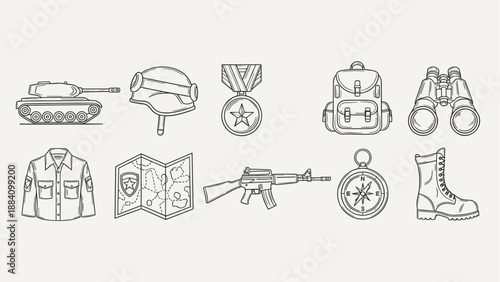 Collection of military and survival gear icons in a clean line art style