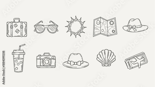 Collection of hand-drawn travel icons including suitcase, sunglasses, sun, map, hat, drink, camera, and ticket