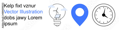 Renewable energy, navigation, time management, sustainability, eco-innovation, resource planning. Lightbulb with solar panel, map pin analog clock. Renewable energy and navigation concept