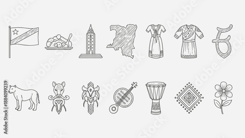 Collection of hand-drawn icons representing African culture and symbols