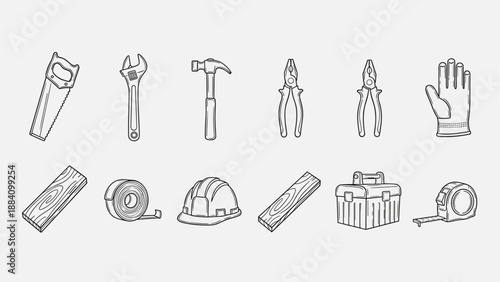 Collection of hand-drawn construction and DIY tools, safety gear, and materials