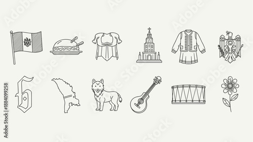 Collection of Moldova national symbols and cultural icons in a minimalist line art style