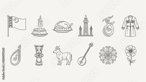 Collection of Turkmenistan National Symbols and Cultural Icons in Outline Style
