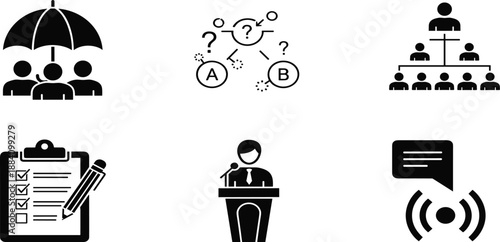 Set of professional business management icons including family insurance protection, problem solving logic, organizational hierarchy chart, checklist, speaker, and communication signal.
