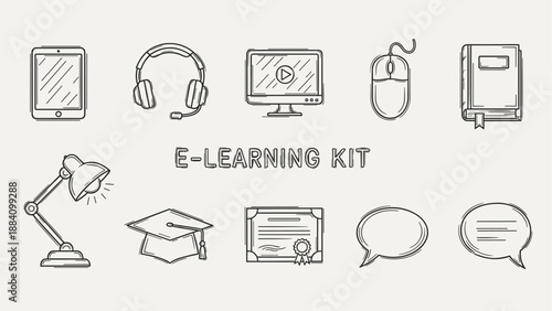 E-learning kit icons: tablet, headphones, computer, mouse, book, lamp, graduation cap, certificate, speech bubbles