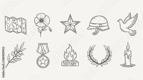 Collection of hand-drawn icons representing war, peace, and remembrance symbols