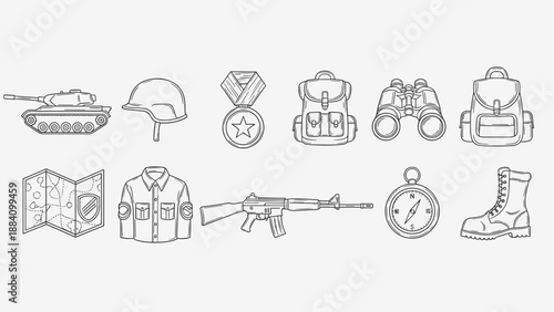 Black and white military icon set including weapons, gear, map, clothing, and equipment.