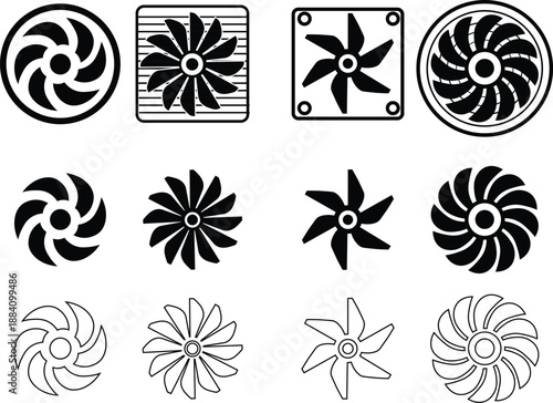 Computer cooling fan and air conditioner turbine icons vector graphic on white background