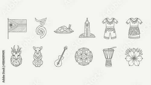 Black and white cultural icon set including food, clothes, animals, and musical instruments.