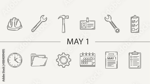 May 1st labor day icons with tools, calendar, and checklist for work celebration