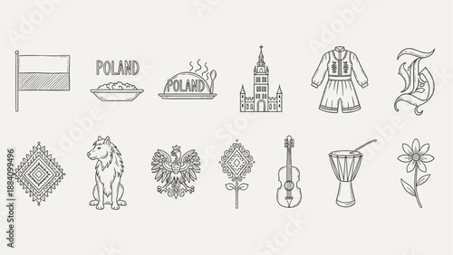 Collection of Polish cultural symbols and landmarks in a doodle art style