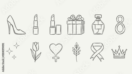 Collection of feminine icons and symbols for International Women's Day celebration