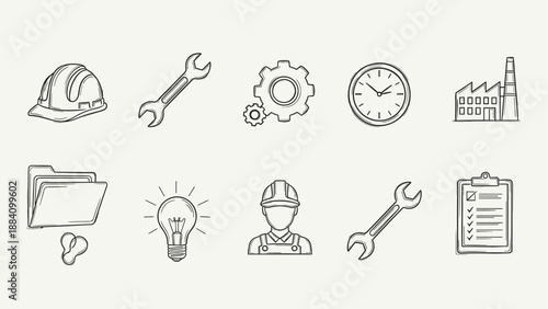 Collection of hand-drawn industrial and business icons for design projects