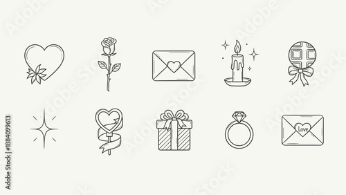 Collection of romantic icons including a heart, rose, envelope, candle, lollipop, gift, and ring