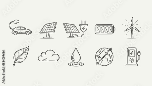 Set of hand-drawn icons representing renewable energy sources and environmental concepts
