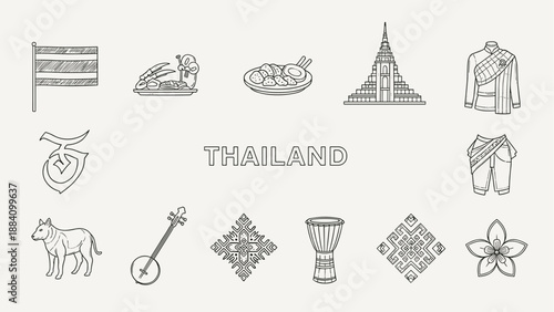 Collection of hand-drawn icons representing Thailand's culture, landmarks, and symbols