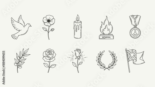Collection of symbols representing peace, remembrance, and honor in a minimalist line art style