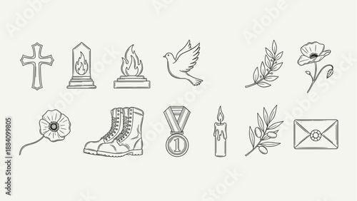 Collection of memorial and remembrance symbols including a cross, poppy, and military boot