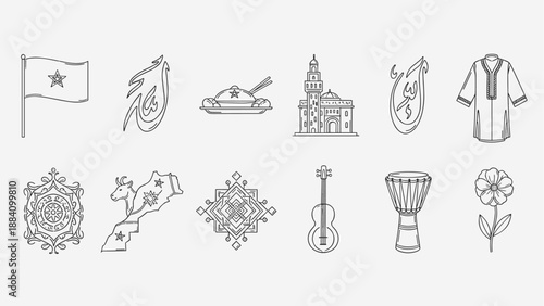 Collection of Moroccan cultural symbols and landmarks in a clean line art style