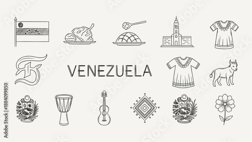 Collection of Venezuelan cultural symbols and landmarks in a simple line art style
