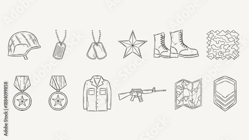 Collection of hand-drawn military icons including helmet, dog tags, boots, and rifle