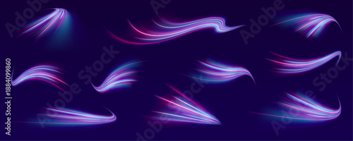 Neon line as speed or arc, turn, twist, bend in light effect. Light arc in neon colors, in the form of a turn and a zigzag. Abstract background in blue, yellow and orange neon colors.	