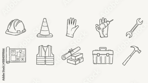 Collection of construction and DIY tools and safety equipment icons in a hand-drawn style
