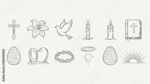 Collection of Christian symbols and Easter icons in a minimalist line art style