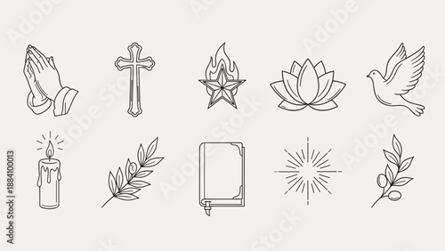 Collection of religious and spiritual symbols in a minimalist line art style