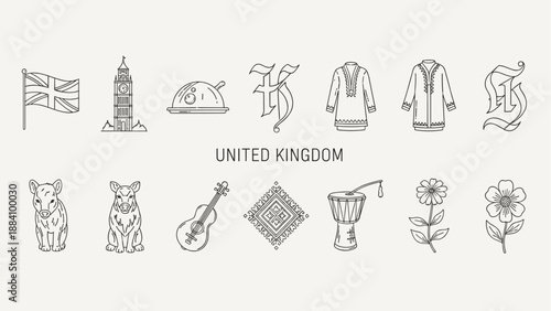 Collection of United Kingdom cultural icons and symbols in a line art style
