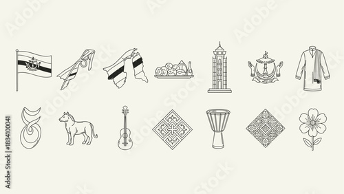 Brunei national symbols and cultural icons in a simple line art collection