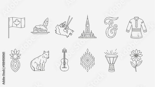 Collection of Canadian cultural and natural icons in a simple line art style